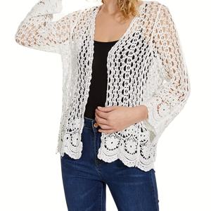 TEMU 여성 자수 오픈 프론트 긴팔 속이 빈 코바늘 뜨개질 커버업 자외선 차단 재킷 스타일 여성 의류