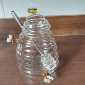 TEMU 1개 500ml/16.9oz 내열 유리 꿀통, 믹서棒 포함, 작은 벌 모양 장식, 진주 면 포장, 꿀 서빙용 디자인, 주방 필수품