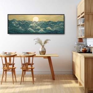 TEMU 달과 파도 일본 우키요에 프린트 - 해상 풍경, 컬러풀 빈티지 추상 벽 예술, 홈 & 기숙사 장식용 무테 캔버스 포스터
