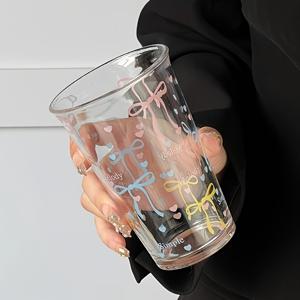 TEMU 우아한 프렌치 리본 유리 컵 1/2/4개 핑크 리본 프린트 머그, 발렌타인데이 선물, 생일 선물, 주방 음료 컵, 우유 컵 재사용 가능, 커피, 주스, 아침 식사에 적합, 웨딩 유리 컵 파티 유리컵 아침 식사 컵 내구성 좋은 머그