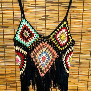 TEMU 1pc 크로셰 술 탱크탑, 컬러 블록 홀로우 V넥 니트 원단 풀오버, 여성용 중간 신축성 폴리에스터 비치 커버업