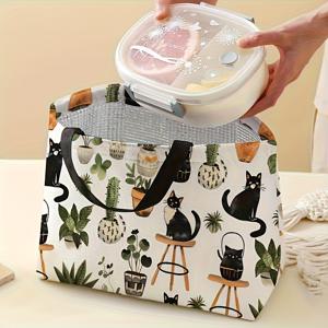 TEMU 고양이 냄비 패턴 인쇄 보온 도시락 가방, 음식 접촉 금지, 사무실/직장/해변 및 여행용 재사용 가능한 남녀공용 점심 용기
