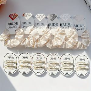 TEMU 웨딩 시즌을 위한 30개 새틴 탄성 헤어 타이, 모조 진주 귀걸이, 골드 포일 헤어 클립, 결혼식, 프로포즈, 브라이덜 샤워 파티, 신부 들러리 선물, 카드가 달린 헤어 타이로 적합, 손상 없음