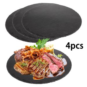 TEMU 토코메 4개 세트 라운드 슬레이트 치즈 보드, 9.84 x 9.84인치, 델리 서빙 트레이, 식품 등급 안전 서빙 트레이, 자연 가장자리, 블랙 슬레이트 스타일 스시 트레이, 주방 케이터링 파티용, 과일, 스시, 빵 (25cm x 25cm)
