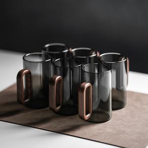 TEMU 고내열성 보로실리케이트 유리 컵 6피스 세트, 홈용 거실 스모키 그린 우드 핸들 컵, 투명 블랙 월넛 티컵 세트, 진주 포장, 안전 배송