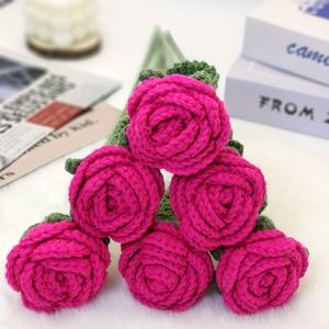 TEMU 아티산 크로셰 딥 핑크 & 화이트 장미 부케 - 생생한 수제 선물, 어버이날, 브라이덜 샤워 및 루비 레드 대조의 시대를 초월한 홈 액센트. 12/6개