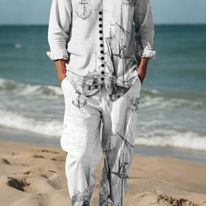 TEMU 남성용 패션 프린트 정장, 캐주얼 고대 범선 스케치 프린트 패턴, 질감 있는 텍스처, 캐주얼 파티, 저녁 일상 축제, 홈, 사계절 스탠드 칼라 레저 슈트