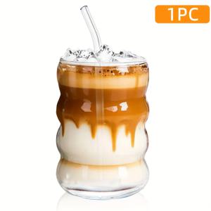 TEMU 사랑스러운 골지 유리컵과 빨대, 16oz 파도 모양 리플 유리잔 아이스 커피, 라떼, 물, 말차, 주스용 – 독특한 음료용 유리잔, 커피 애호가를 위한 완벽한 선물