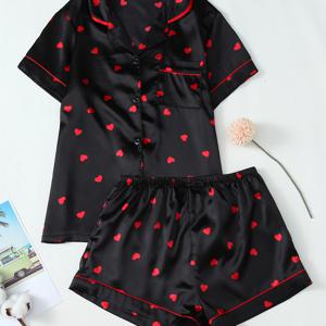 TEMU 여성용 블랙 하트 프린트 반팔 파자마 세트 - 레드 액센트가 있는 캐주얼 스타일, 모든 계절의 편안함, 반바지와 상의, 캐주얼 착용|즐거운 프린트|반바지와 상의 세트