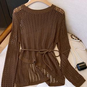 TEMU 봄/여름 얇은 레이지 스타일 허리끈 에어컨 아우터 커버 라운드넥 셔츠, 대각선 밑단, 비정형 크로셰 레이스 메쉬 풀오버 탑