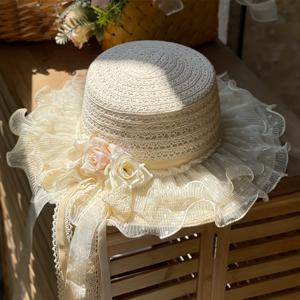 TEMU 레이디의 달콤한 웨이브 레이스 트림 스트로 햇, 로리타 스타일 웨딩 플로럴 보우 레이스 햇, 휴가용 통기성 선햇 (인플레이터블 백 포장)