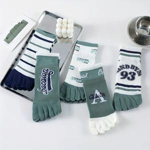 TEMU 남성용 보트 양말 5켤레, 투명 발가락 스포츠 짧은 양말, 통기성 땀 흡수 봄 여름용 메쉬 레터 디자인 그린 컬러