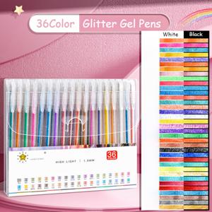 TEMU 36색 글리터 젤 펜 세트, 방수 플라스틱 롤러볼 펜, 글리터 아트 젤 펜, 눈에 보이는 잉크 - 카드지, 저널링, 드로잉, 마킹, 컬러링에 적합 (12/ 18/ 24/ 36/ 48 색상 팩)