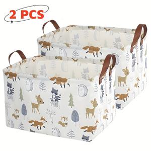 TEMU 귀여운 동물 접이식 보관 바구니 2개 세트, PU 가죽 손잡이 패브릭 빨래 바구니 정리함, 너구리, , 사슴, 여우 패턴 보관함, 캠핑, 장난감, 옷, 책상, 화장품, 침실 정리, 룸 데코, 축제 선물 바구니, 선반 바구니용, 옷장바구니,스타일리시 오거나이저,장식용 바구니,경량 정리함,접이식 빨래바구니,휴대용 정리함,학생들