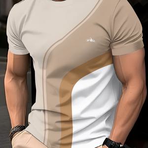 TEMU 남성용 이지 패션 캐주얼 프린트 라운드넥 베이지 티셔츠 남성 의류