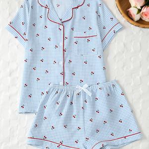 TEMU 여름용 여성용 투피스 잠옷 세트, 반팔과 반바지로 구성되어 있으며 봄, 여름 홈웨어에 적합하며 파란색 체크 무늬 시계열 프린트가 특징입니다.