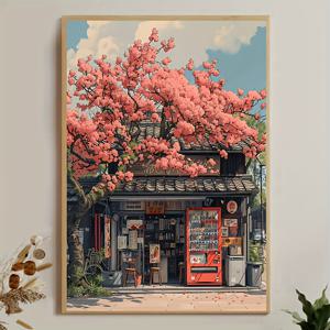 TEMU 벚꽃 상점 포스터, 전통 일본 캔버스 프린트, 빈티지 벽 예술, 클래식 장식품, 선물용 아트워크 벽화, 홈 & 기숙사 인테리어, 침실 및 거실 장식에 적합, 액자 없음, 2D 평면, 방 꾸미기에 완벽한 1개
