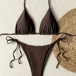 TEMU 새로운 여성 패션 비치 바캉스 브라운 타이넥 투피스 비키니