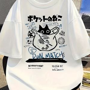 TEMU 남녀공용 애니메이션 티셔츠 - 귀여운 카와이 턱시도 고양이 & 듀얼 매치 만화 프린트, Y2K 카와이 스트리트웨어 반팔 라운드넥 티, 95% 폴리에스터/5% 스판덱스 스트레치 핏, 하라주쿠 스타일 캐주얼 여름 아웃핏