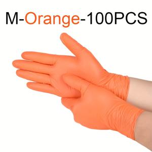 TEMU 라텍스 프리, 미용실, 자동차 청소, 가정 주방 작업 및 야외 캠핑 활동에 적합한 일회용 오렌지 니트릴 장갑 100개입