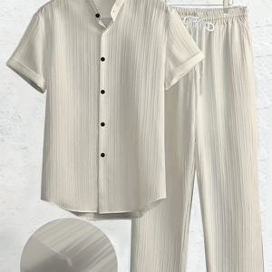 TEMU 남성 캐주얼 정장, 간편한 유니폼, 반팔 라운드넥 셔츠 및 탄성 허리 바지, 텍스처 원단, 봄/여름에 적합