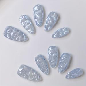 TEMU 10개입 순수 핸드메이드 아몬드 웨어러블 네일 아이스-스루 라이트 블루 바다 물결 패턴 쉬운 감성 스타일 인조 네일 피스