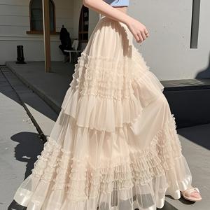 TEMU 여성용 하이웨스트 롱 A라인 스커트, 여름용 탄성 허리 밴드, 메쉬 레이스 패널, 부드럽고 우아한 플리츠 레이어드 디자인