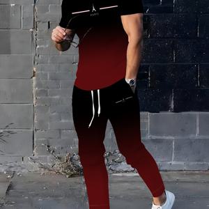 TEMU 남성용 폴리에스터 스포츠웨어 | 우아한 캐주얼 라운드넥 | 3D 프린트가 있는 약간 신축성 니트 | 레귤러 핏 2피스 세트 | 패턴 반팔 티셔츠와 긴 바지