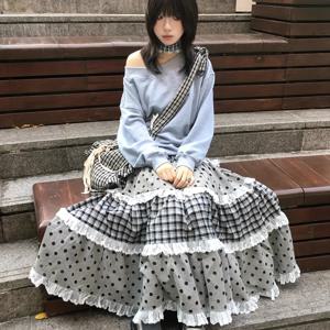 TEMU 여성용 빈티지 체크무늬 케이크 스커트, 멀티 레이어 레이스 패치워크, 하이웨이스트 A라인 물방울 미디 스커트 (봄/가을)