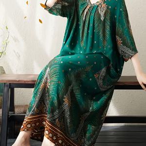 TEMU 신상 봄/여름 플러스 사이즈 아티스틱 라운드넥 루즈 플로럴 커버링 미트 반팔 드레스 셔츠 여성