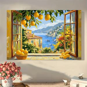 TEMU 1개 레트로 스타일 원목 프레임 캔버스 벽걸이 액자 - 열린 창문 바다 전망과 레몬 장면, 즉시 걸 수 있는 홈 데코, 컨트리 지중해 스타일 프린트, 남녀를 위한 완벽한 휴일 선물, 다기능 벽걸이 액자