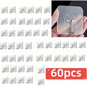 TEMU 60개 투명 접착 후크 무결점 – 손상 없음, 못 없이 벽에 설치, 펀치 없는 벽걸이, 열쇠, 컵, 모자, 코트 및 재킷 보관용, 투명 방수 접착 벽 후크, 주방, 욕실, 화장실, 다용도 후크에 적합