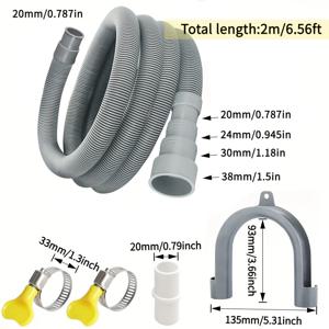 TEMU 2m//4m/5m 범용 세탁기 배수호스 + 연장 어댑터 1개, 클립 2개, U자형 브라켓 1개 포함 - 대부분의 가정용 세탁기와 호환, 20mm/24mm/30mm/38mm 파이프 직경용 리트랙터블 두꺼운 디자인 (트리밍 가능)