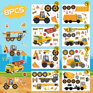TEMU 8개 건설 차량 퍼즐 스티커: 굴삭기, 크레인, 트럭용 크레인, 믹서 트럭, 운송용 트럭. DIY 데칼 스티커, 수공예품, 휴일 파티 선물 가방 충전재, 책 스티커, 생일 선물 보상
