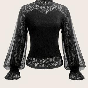 TEMU 여성 레이스 패치워크 메쉬 스탠드 칼라 랜턴 슬리브 블라우스, 봄/여름/가을 스타일, 이브닝 데이트, 캐주얼 외출에 적합 [NS702]