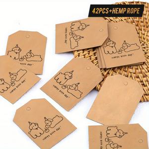 TEMU 42개 크래프트 종이 선물 태그 (장식용 삼베 끈 포함), 케이크 테마 디자인의 생일 강아지 세트, 생일 선물 장식용, 반려동물 테마 생일 파티에 적합한 기쁨의 메시지 전달용