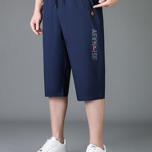 TEMU 남성용 캐주얼 스포츠 카프리 팬츠, 통기성 좋은 속건성 디자인, 지퍼 포켓, 드로스트링 허리 밴드, 레터 프린트, 야외 활동 및 일상복에 적합