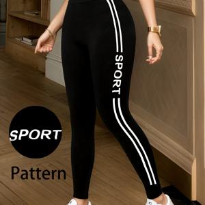 TEMU 여성용 하이웨이스트 슬림핏 고탄력 레깅스, 사이드 더블바 레터 프린트 7/8 티츠, 캐주얼 외출 및 패션 웨어