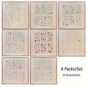 TEMU 8팩, 48매, 클래식 식물 및 꽃 패턴 시리즈 스티커, 미리 재단된 투명 PET 소재, 다이어리 스크랩북 장식 재료, 꽃과 식물 테마 스티커 (팩당 6매, 8팩 세트)