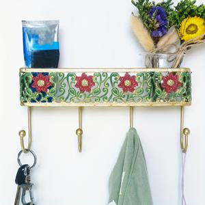 TEMU 황금색 빈티지 페인팅 꽃무늬가 있는 철제 후크 벽걸이형 바구니 수납 선반, 다용도 열쇠고리 겸 옷걸이