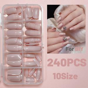 TEMU 담수 핑크 프레스 온 네일 120/240개입, 가을 프레스 온 네일 숏 스퀘어 코피언 인조 네일, 10가지 사이즈 풀 커버 네일 팁 (상자 포함), 여성 및