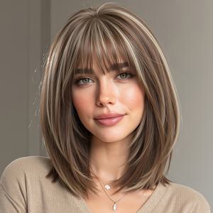 TEMU 14인치 가을/겨울용 밤나무 갈색 화이트 및 블론드 , 여성용 쇄골 밥 가발, 고내열성 합성섬유 제작. 직장, 학교, 일상 출퇴근용, 화장 유무 관계없이 사용 가능, 할로윈용으로도 활용도 높고 누가 쓰든 까다롭지 않음