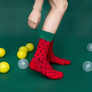 TEMU 봄 여름 어머니의 날용 레드 딸기 프린트 여성 양말 1켤레, 패셔너블하고 사랑스러운 부드러운 휴일 선물 스타킹