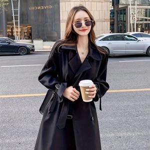 TEMU 블랙 트렌치 코트 여성용 2025년 신상 봄/가을 스몰 영국 스타일 미디 길이 한국 스타일 감성 코트, 미디 길이 트렌치 코트 여성용 스몰 가을 2025년 신상 감성 코트 다용도