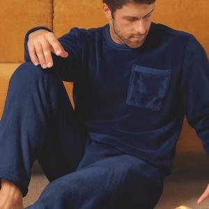 TEMU 남성용 헤비웨이트 겨울 파자마 2개 세트 - 긴팔과 바지가 있는 두껍고 따뜻한 단색 잠옷, 부드러운 라운드넥 기상용 수면복, 기계 세탁 가능 - 남성용 수면복