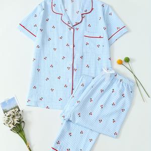 TEMU 여성용 반팔 및 긴 바지 블랙 체리 프린트 파자마 세트