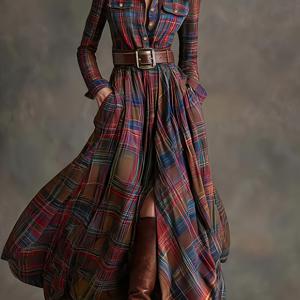 TEMU 여성 빈티지 체크 롱 드레스 (벨트 미포함) | 스타일리시한 버튼업 셔츠 드레스, 핏 좋은 칼라, 파티 및 이벤트에 적합, 우아한 플레어 밑단과 긴 소매 특징