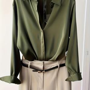 TEMU 우아한 빈티지 라佩l 단색 앞단추 긴팔 셔츠, 캐주얼 출퇴근, 사무실, 데일리웨어, 봄가을용