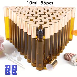 TEMU 56개입/10ml 앰버 유리 에센셜 오일 병, 스테인리스 스틸 롤러 볼, 골드 알루미늄 캡, 고품질 브라운 방수 유리 병, 미니형 및 편리함, 리필 가능 및 재사용 가능, 적합: 에센셜 오일, 향수