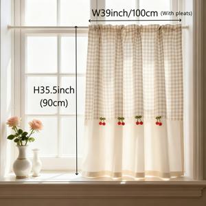 TEMU KMSG 1 패널 베이지 체크 반차광 커튼 발란스 - 체리 폼폼 트림, 러스틱 팜하우스 크로스위브 티어 창문, 로드 포켓 탑, 주방, 거실, 발코니용 (저철분 관리, 프라이버시 패널)